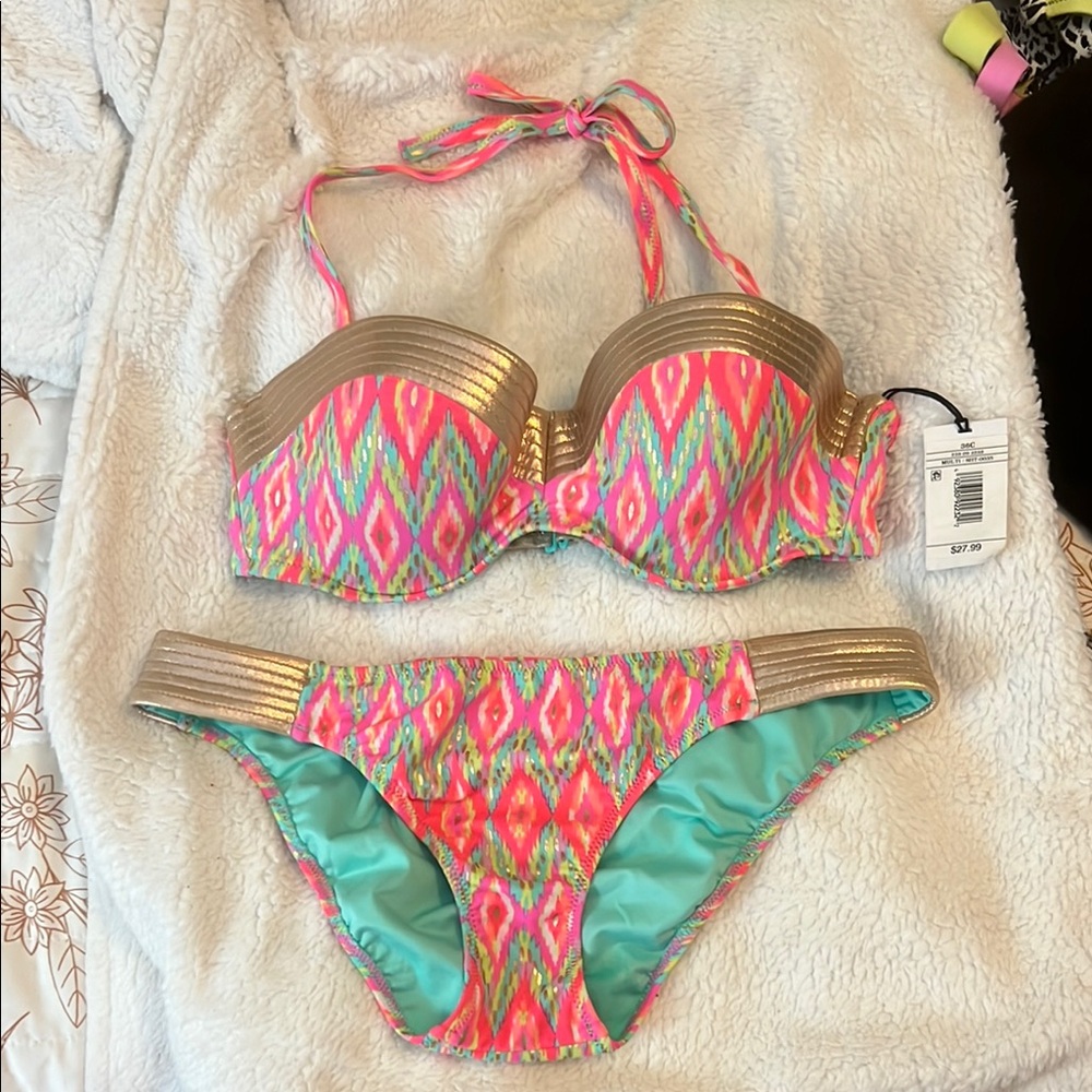 SHADE & SHORE Colorful Bikini with Gold Accents  ☀️👙🏖️🩴👒